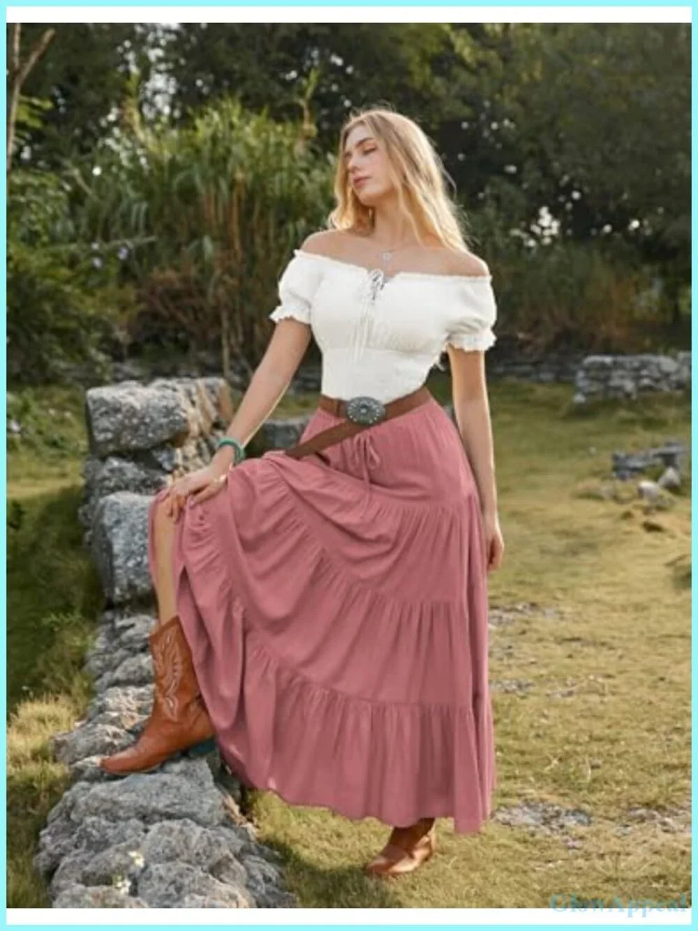 Flowy Tiered Maxi Skirt with Pockets, Elastic High Waist, Renaissance Boho